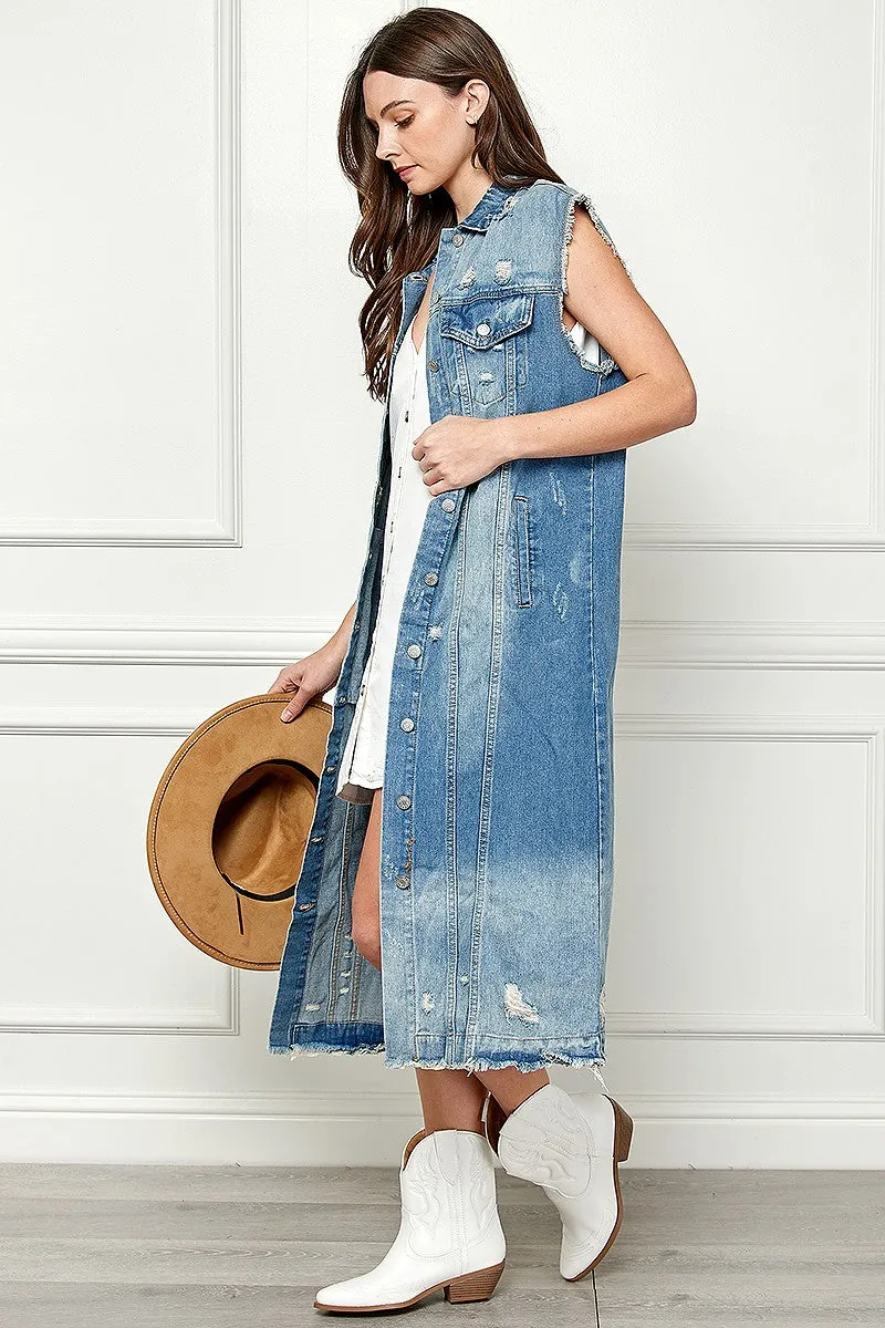 Stylish Distressed Denim Duster-Style Vest