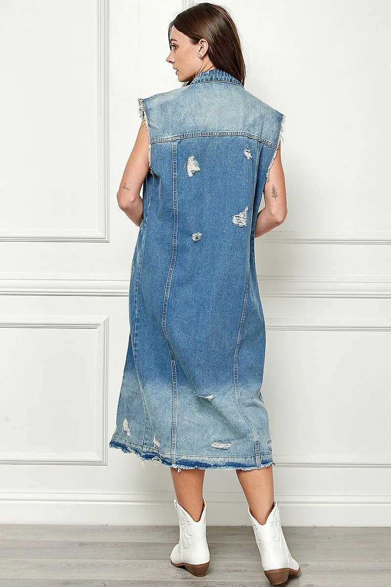 Stylish Distressed Denim Duster-Style Vest