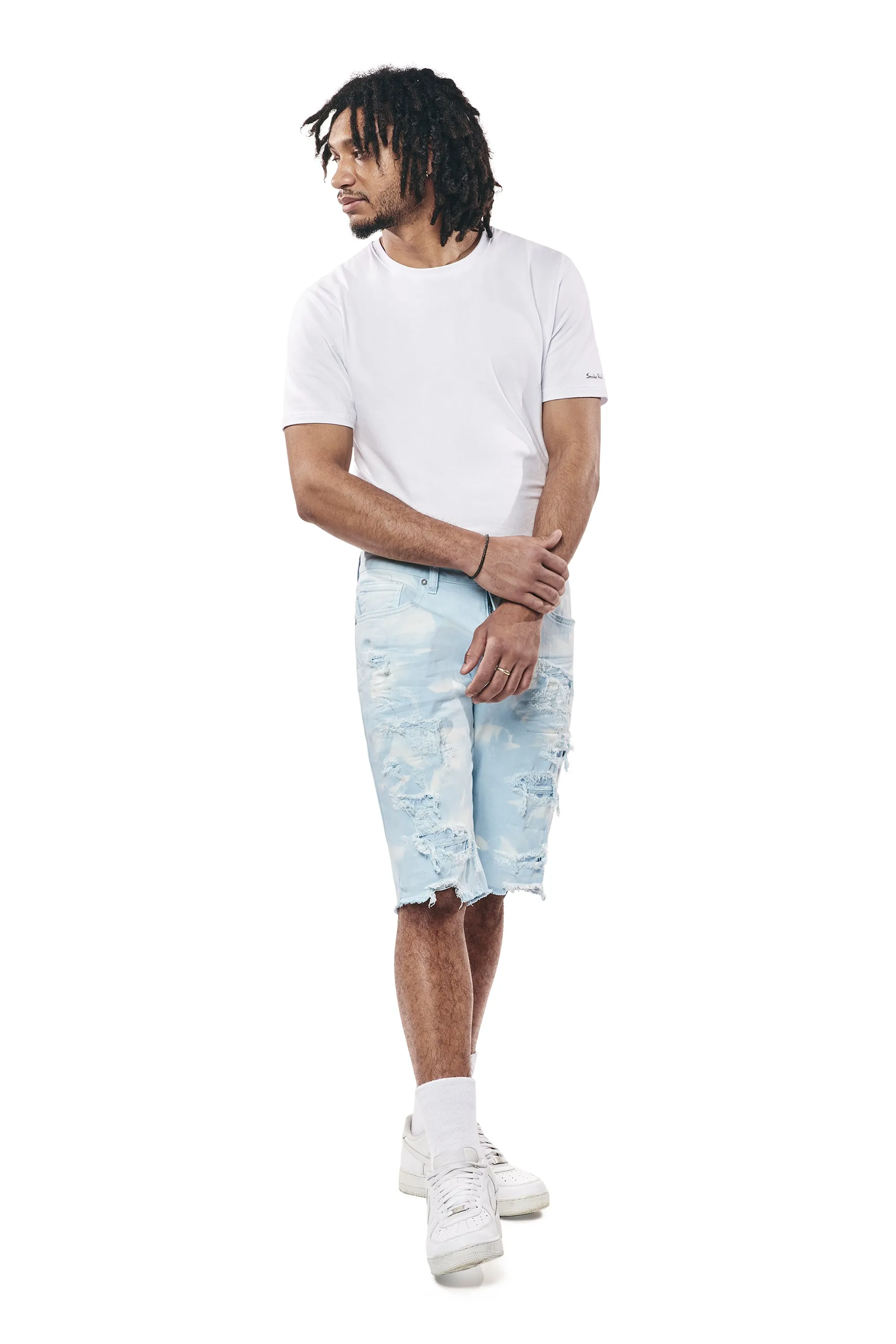 Distressed Rip & Repair Twill Shorts - Seabreeze