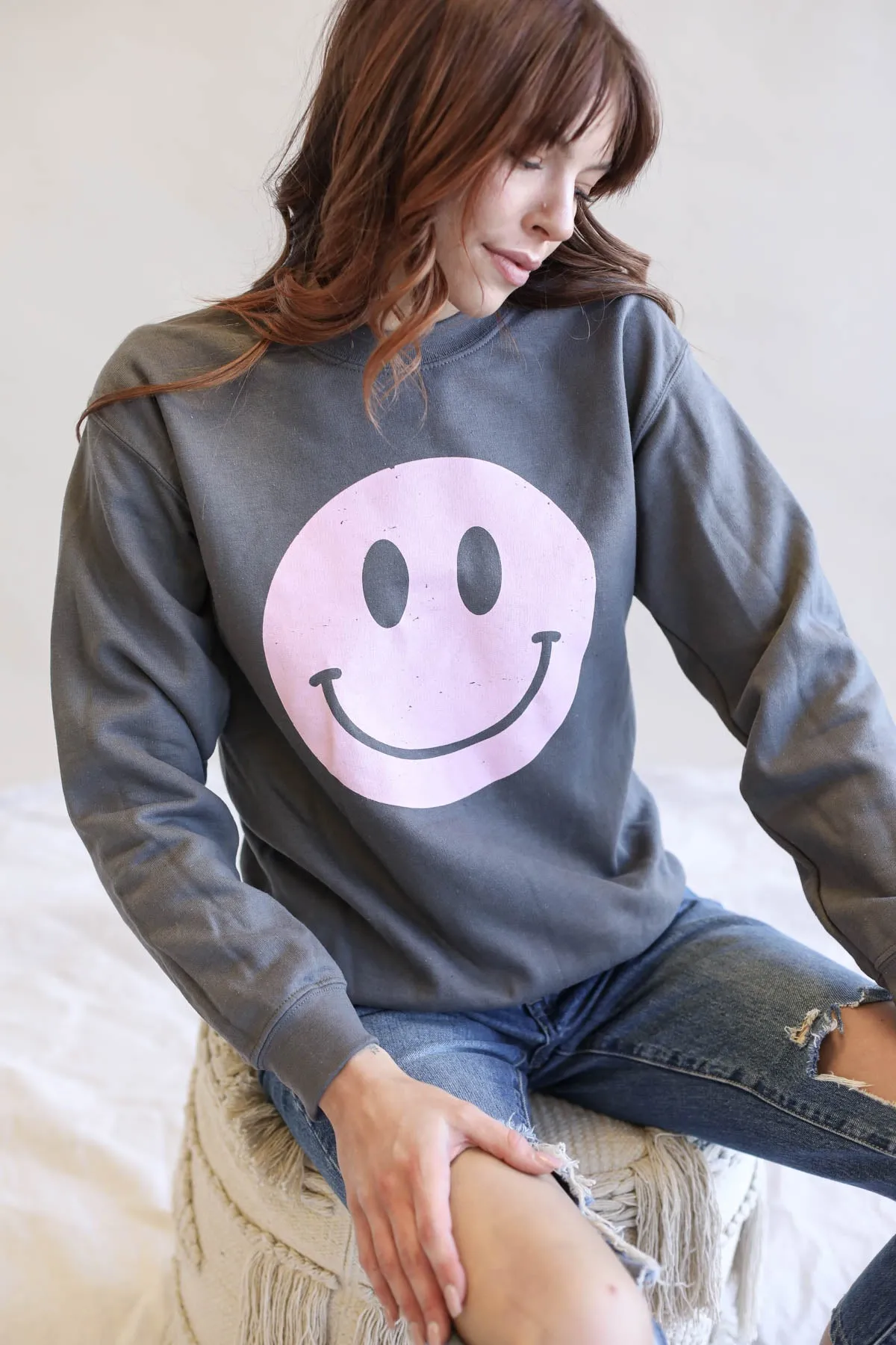 Distressed Smiley Face Graphic Sweatshirt