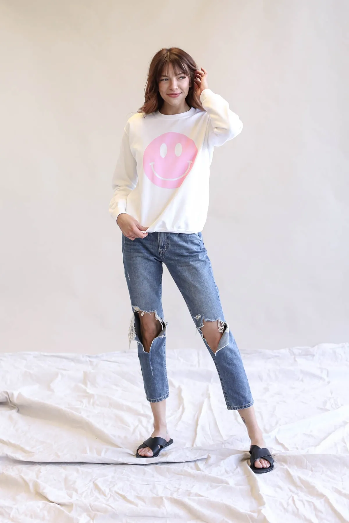 Distressed Smiley Face Graphic Sweatshirt