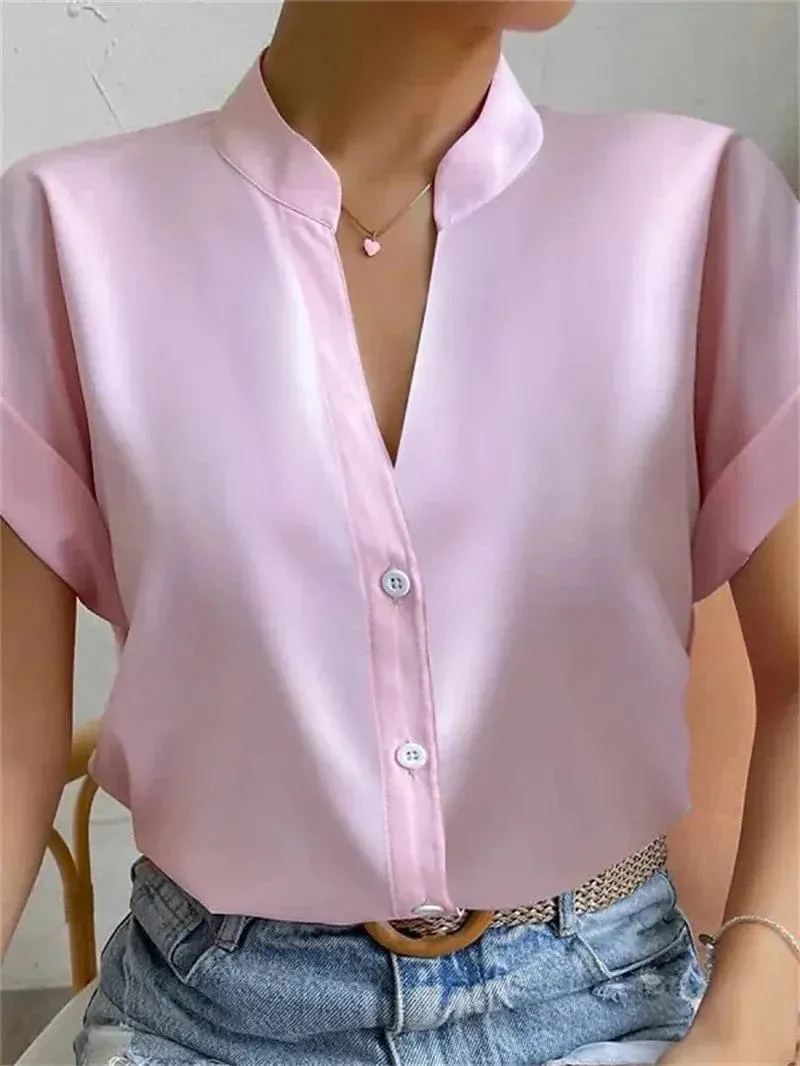 Elegant Standing Collar Women's Short Sleeve Blouse