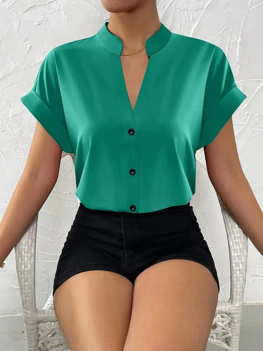 Elegant Standing Collar Women's Short Sleeve Blouse