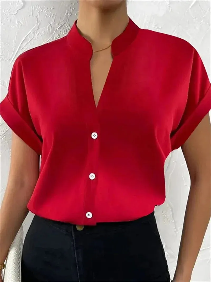 Elegant Standing Collar Women's Short Sleeve Blouse