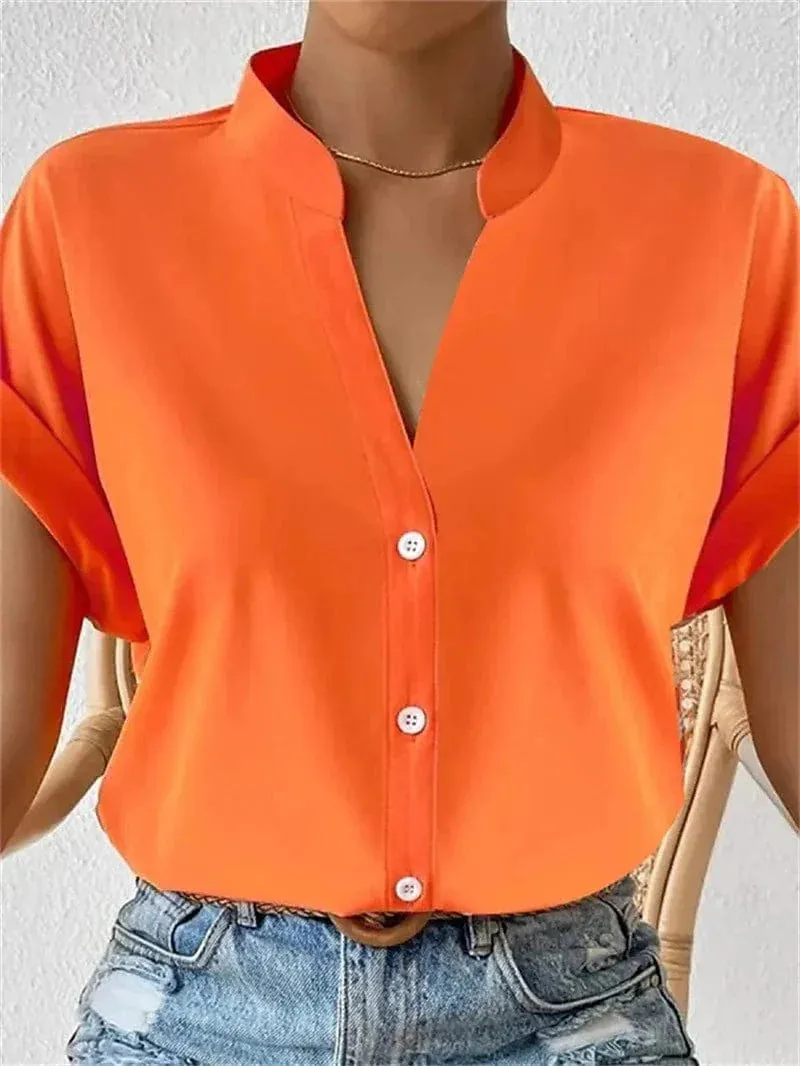 Elegant Standing Collar Women's Short Sleeve Blouse