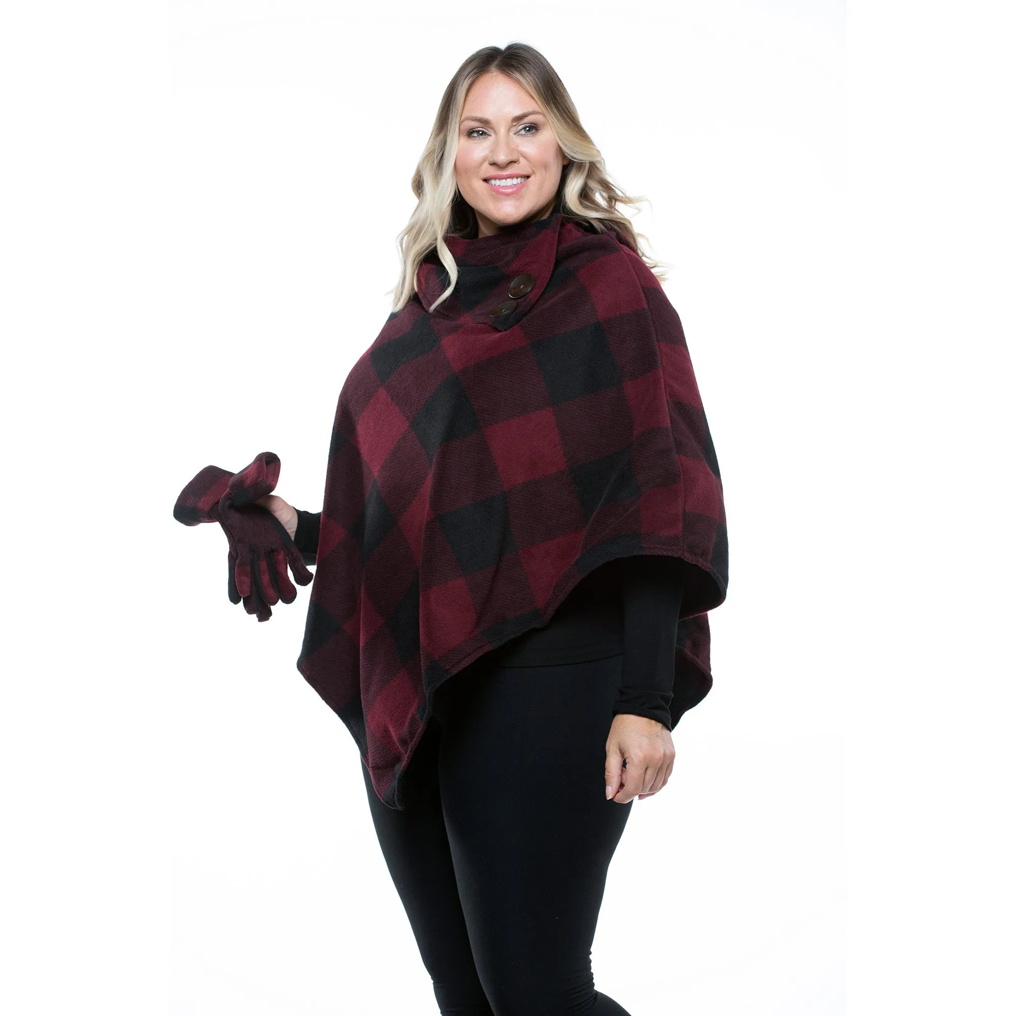 Elisa Burgundy Check Cozy Coat Fleece Poncho and Gloves Set