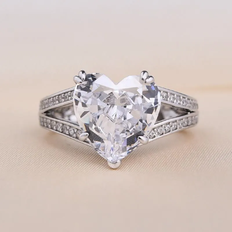 Exquisite 5.0 CT Heart Cut Split Shank Sterling Silver Engagement Ring