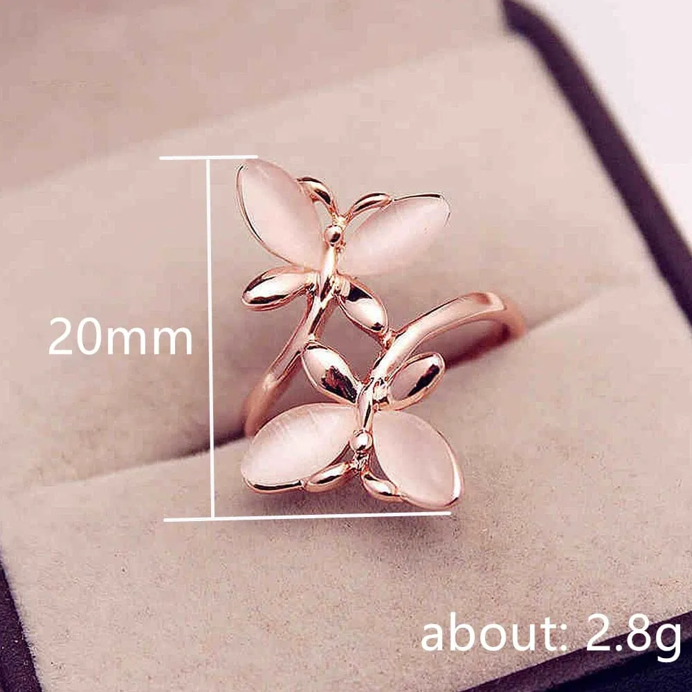 Exquisite Butterfly Rose Gold Pink Fire Opal Ring