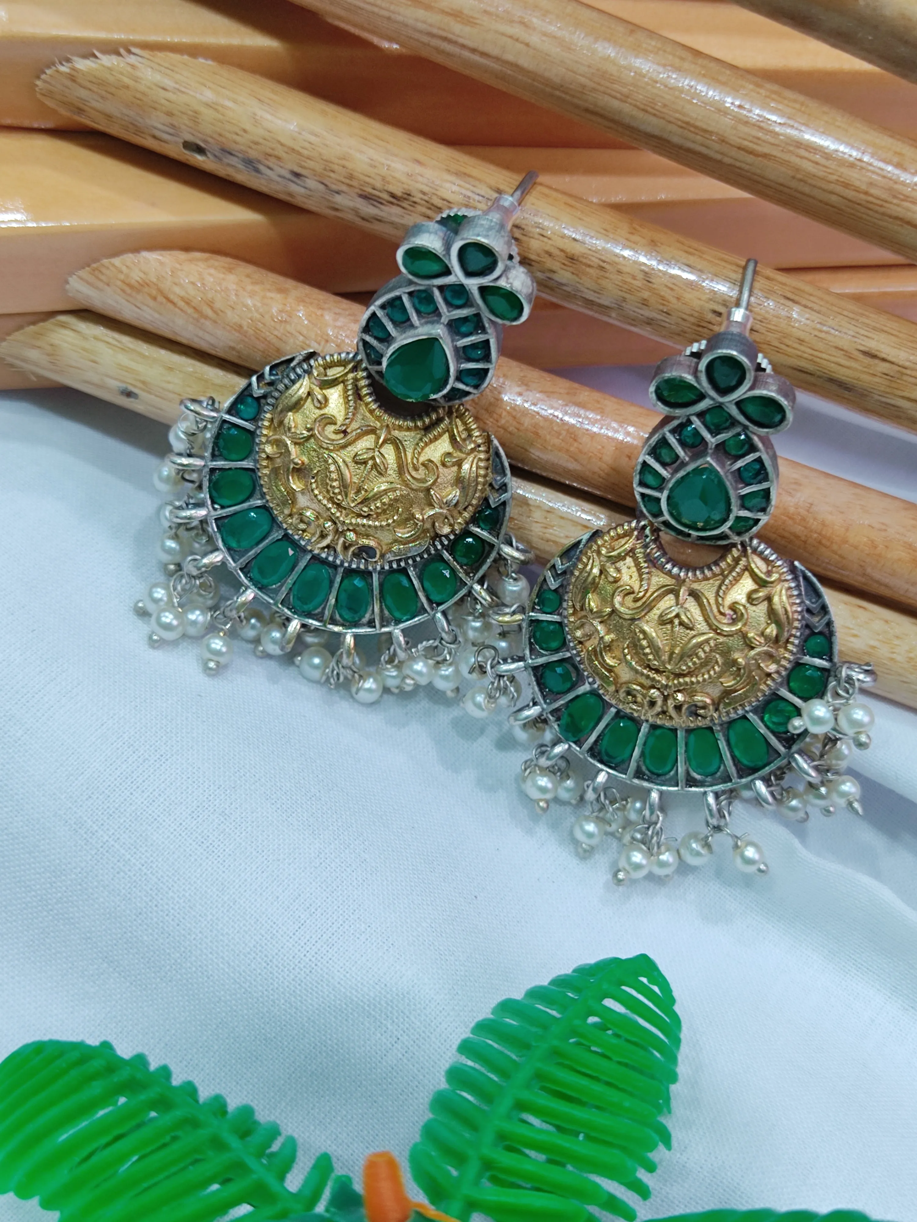 Exquisite Dangle Brass And Copper Made Prime Oxidized Chandbali Earrings - Emerald