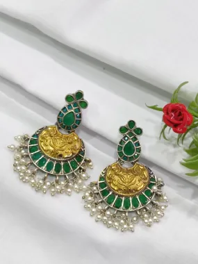 Exquisite Dangle Brass And Copper Made Prime Oxidized Chandbali Earrings - Emerald