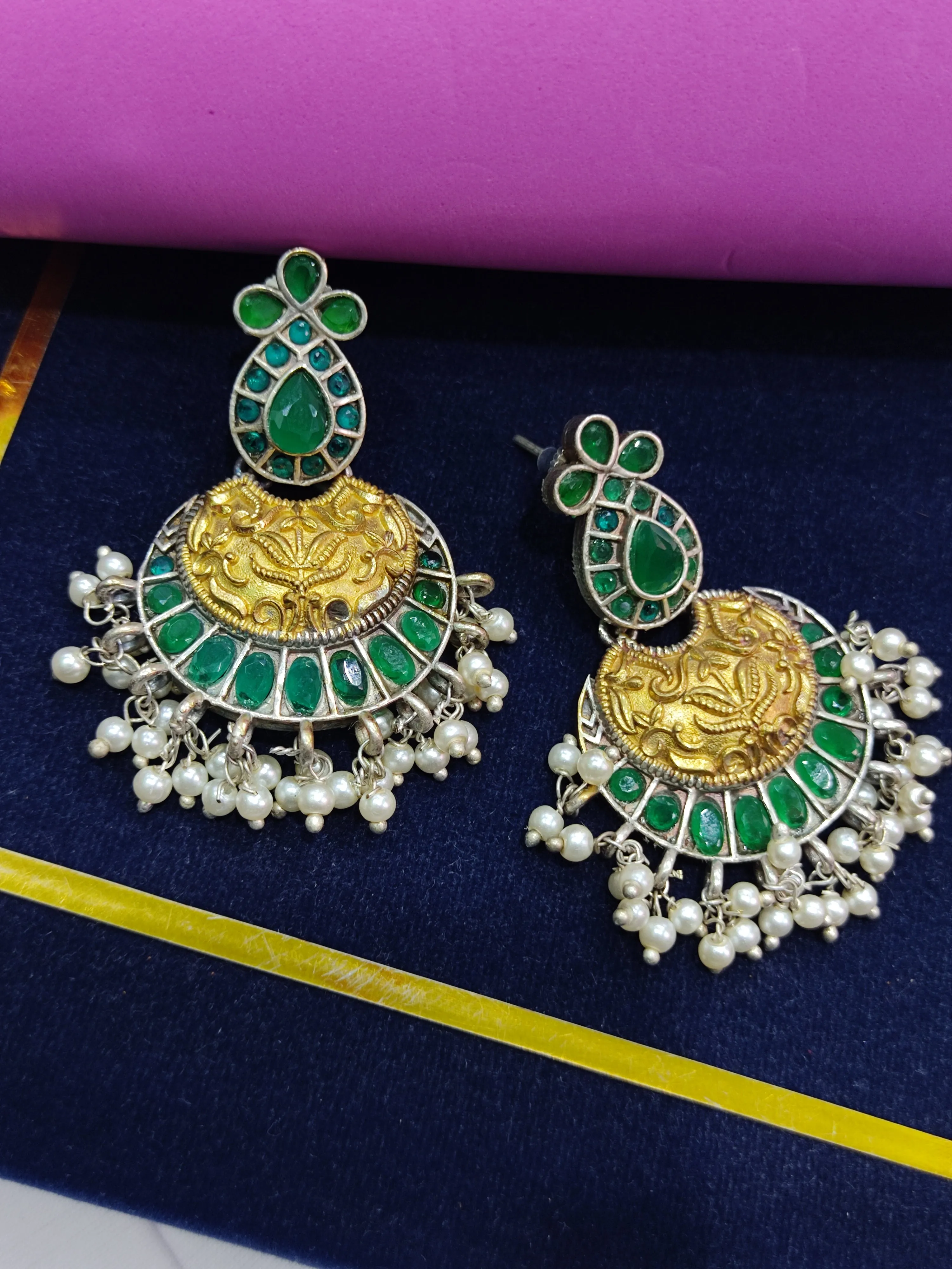 Exquisite Dangle Brass And Copper Made Prime Oxidized Chandbali Earrings - Emerald