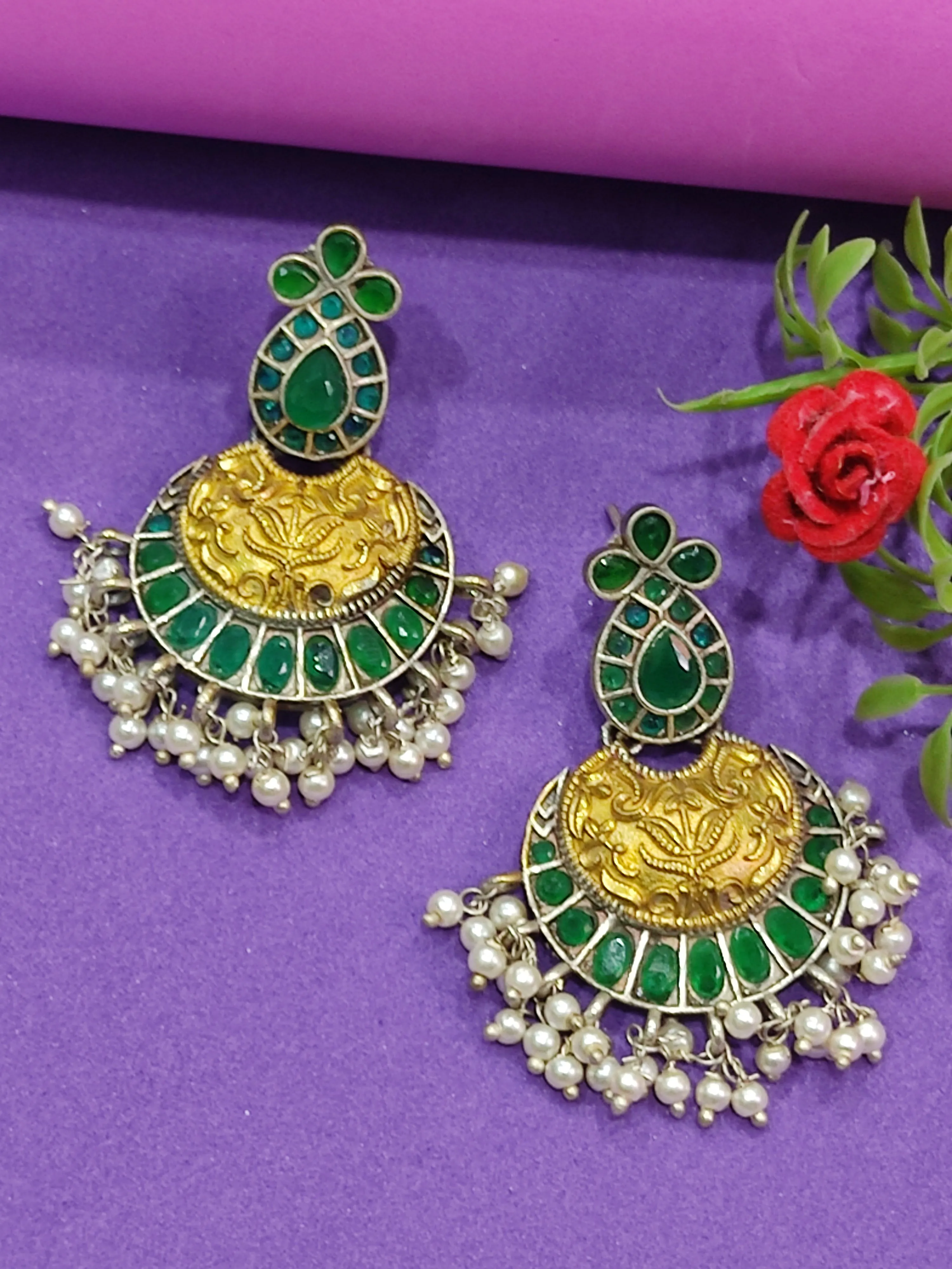 Exquisite Dangle Brass And Copper Made Prime Oxidized Chandbali Earrings - Emerald