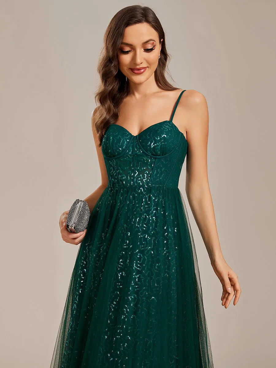 Exquisite Empire Waist Sequin Shiny A-Line Floor Length Sweetheart Neckline Spaghetti Straps Evening Dress