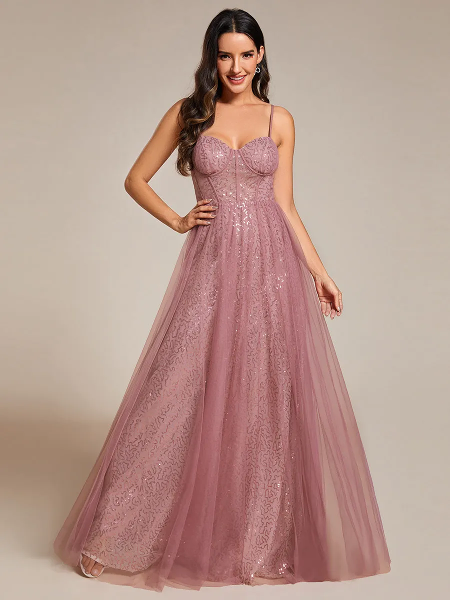 Exquisite Empire Waist Sequin Shiny A-Line Floor Length Sweetheart Neckline Spaghetti Straps Evening Dress