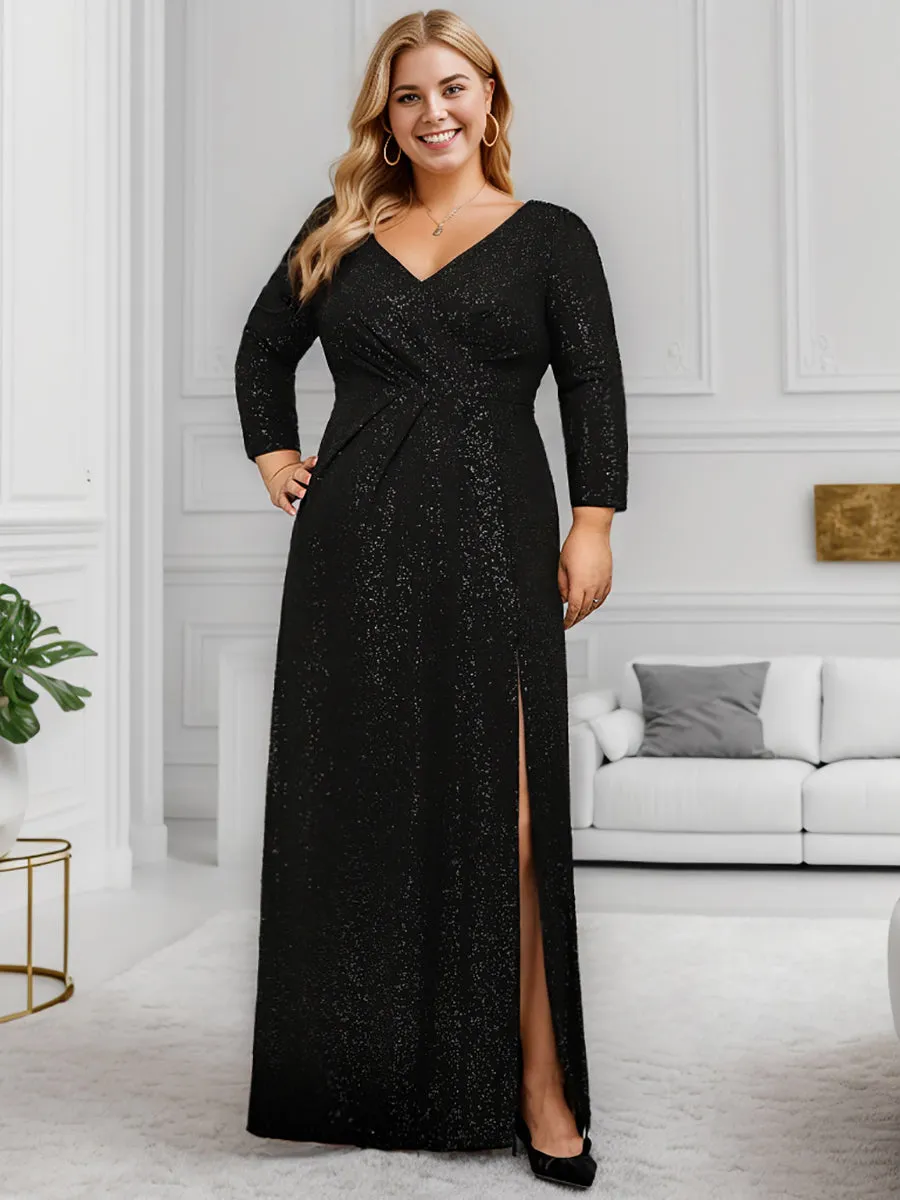 Exquisite Plus Size Split Evening Dress with Long Sleeves