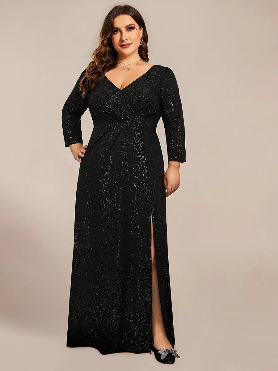 Exquisite Plus Size Split Evening Dress with Long Sleeves