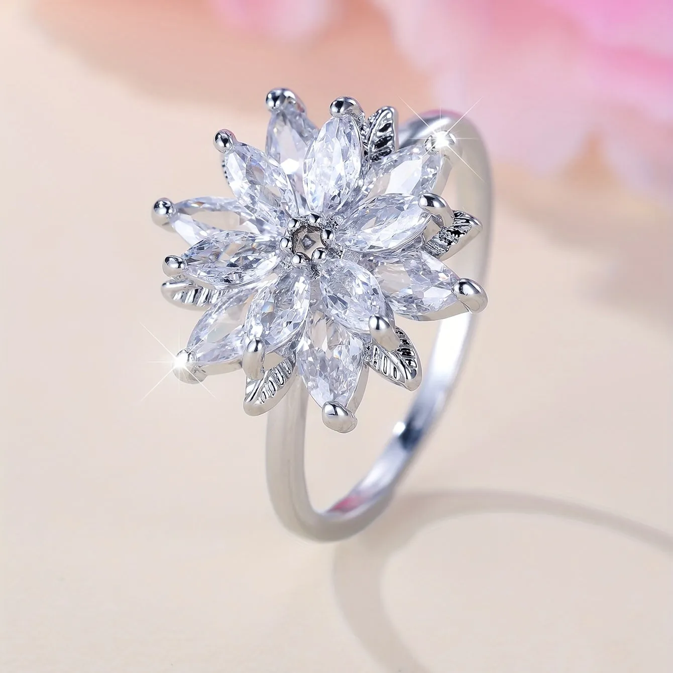 Exquisite Promise Ring Inlaid Shining Zircon Trendy Flower Design Match Daily Outfits Luxury Party Accessory For Female