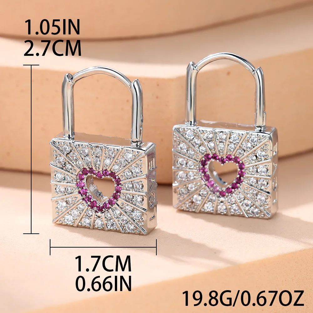 Exquisite Silvery Lock Design With Hollow Heart Pattern Shiny Zircon Decor Hoop Earrings Hip Hop Y2K Style Creative Accessories