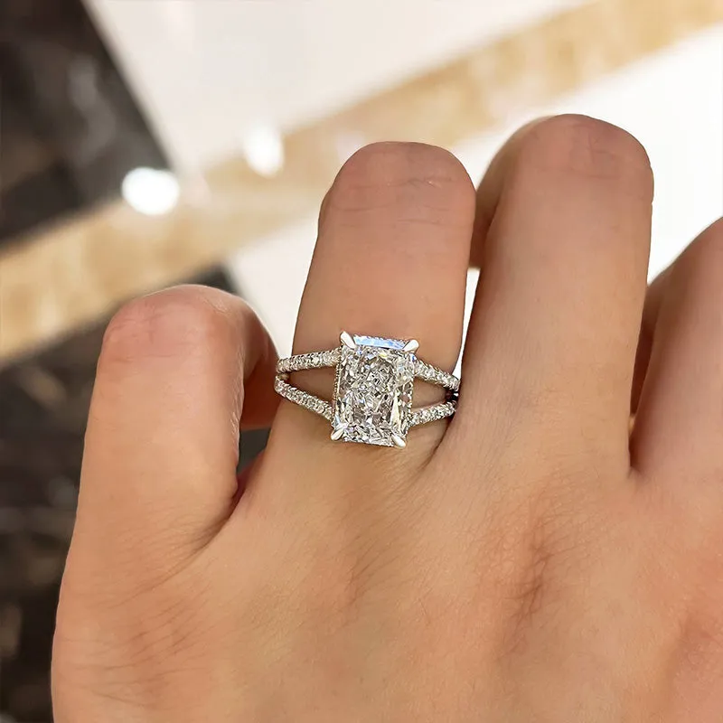 Exquisite Split Shank Radiant Cut Engagement Ring In Sterling Silver