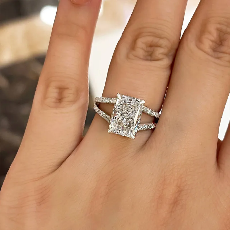 Exquisite Split Shank Radiant Cut Engagement Ring In Sterling Silver