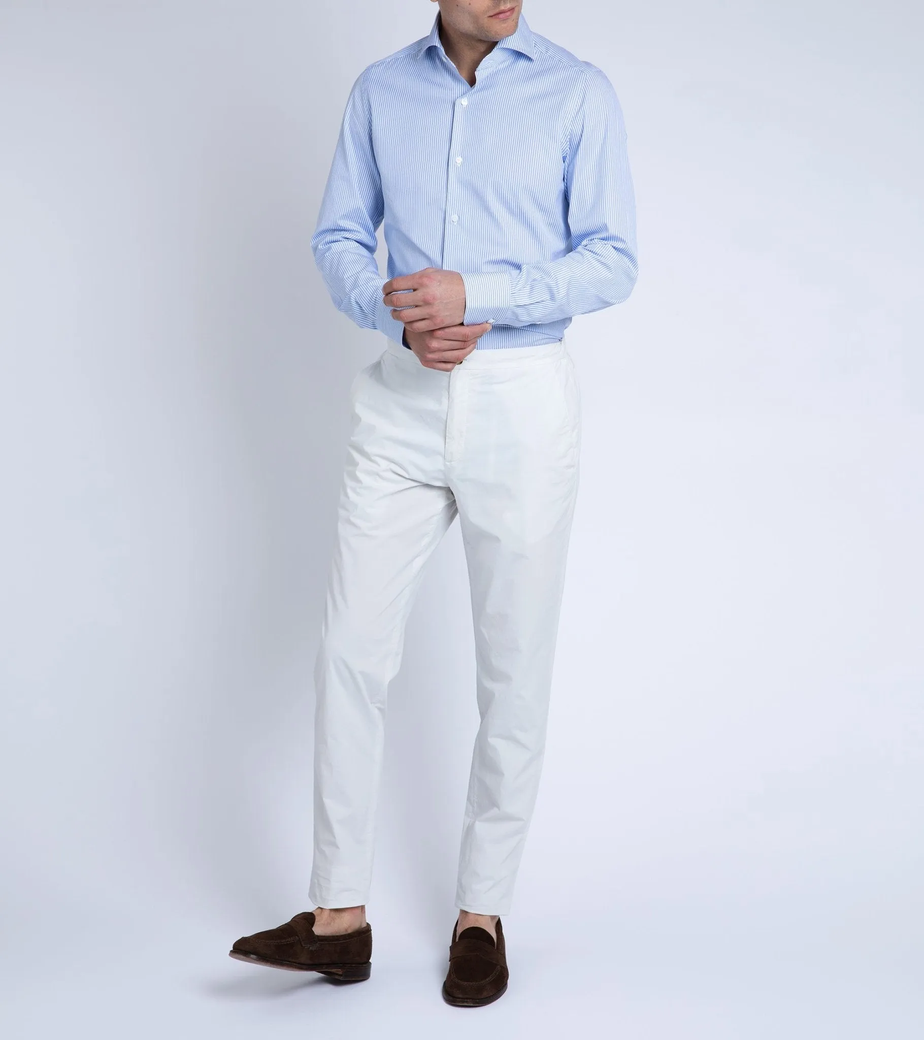 Finamore Milano Eduardo 120 Double Twist Cotton Formal Shirt: Blue Stripe