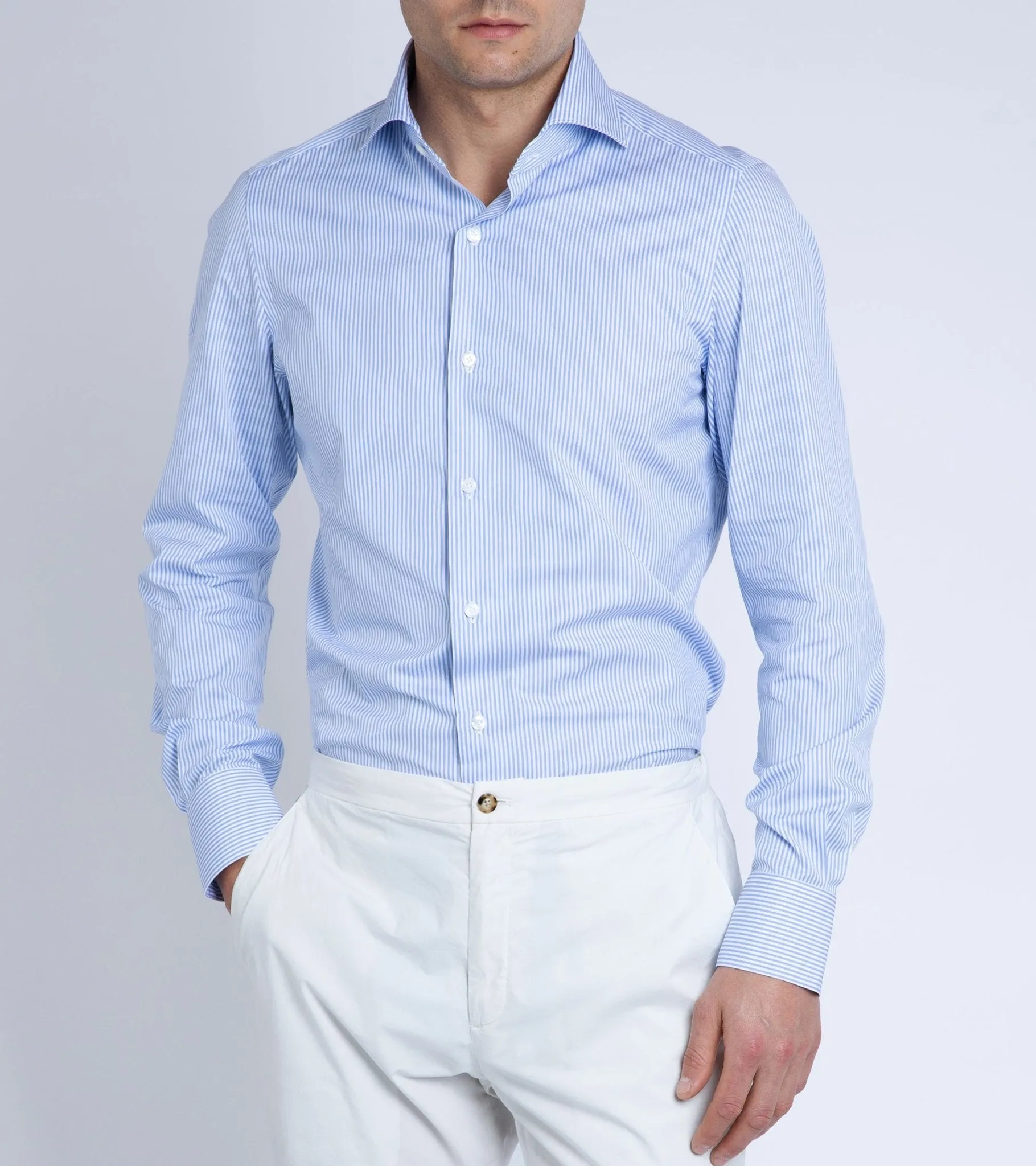 Finamore Milano Eduardo 120 Double Twist Cotton Formal Shirt: Blue Stripe