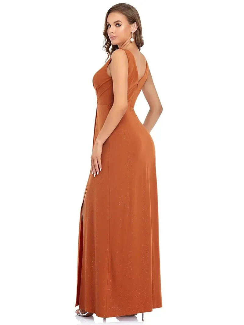 Floor Length V Neck Shimmery Formal Dresses With Side Split