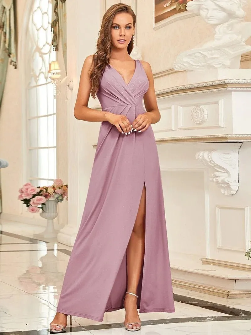 Floor Length V Neck Shimmery Formal Dresses With Side Split