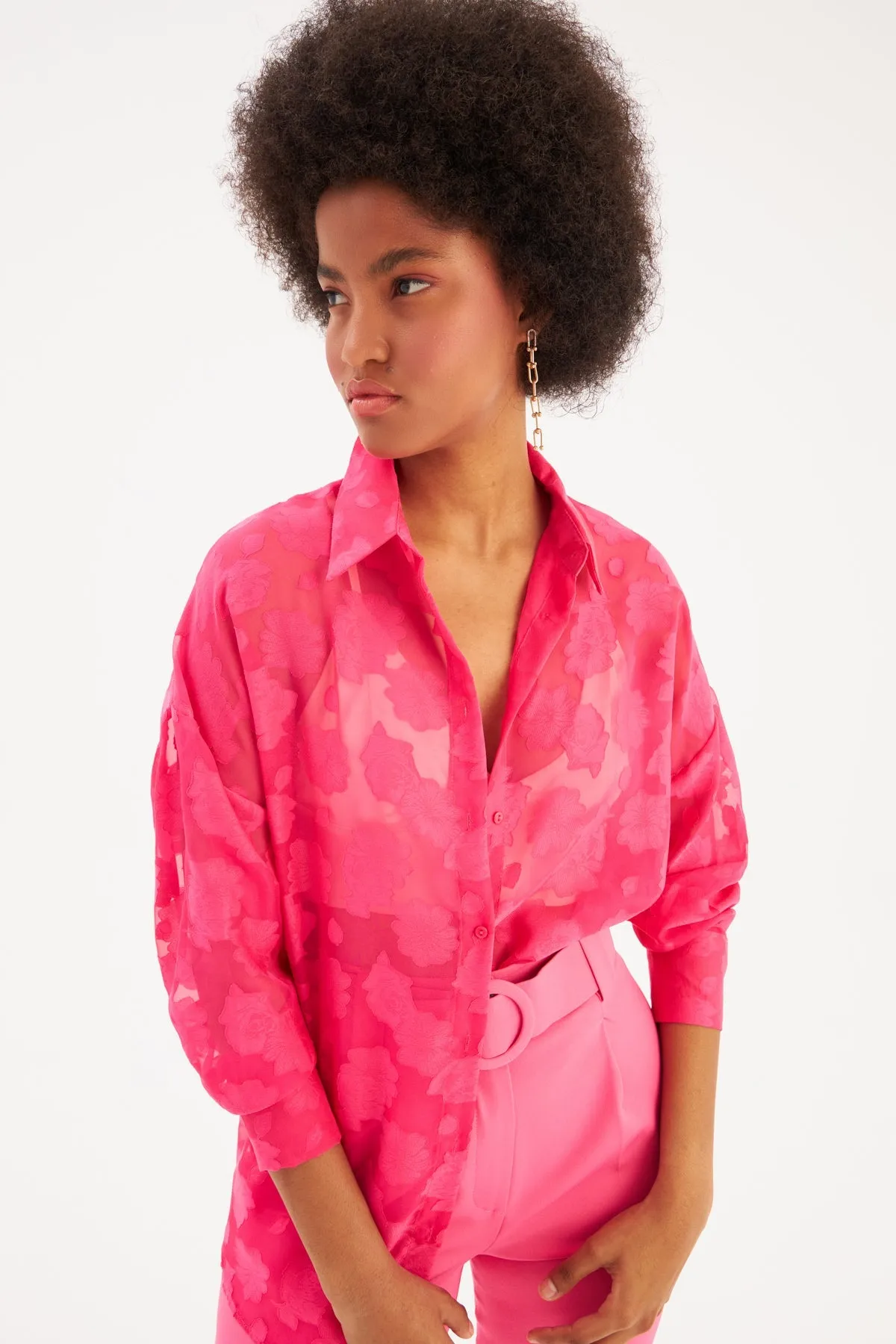 Floral Patterned Loose Shirt - FUCHSIA