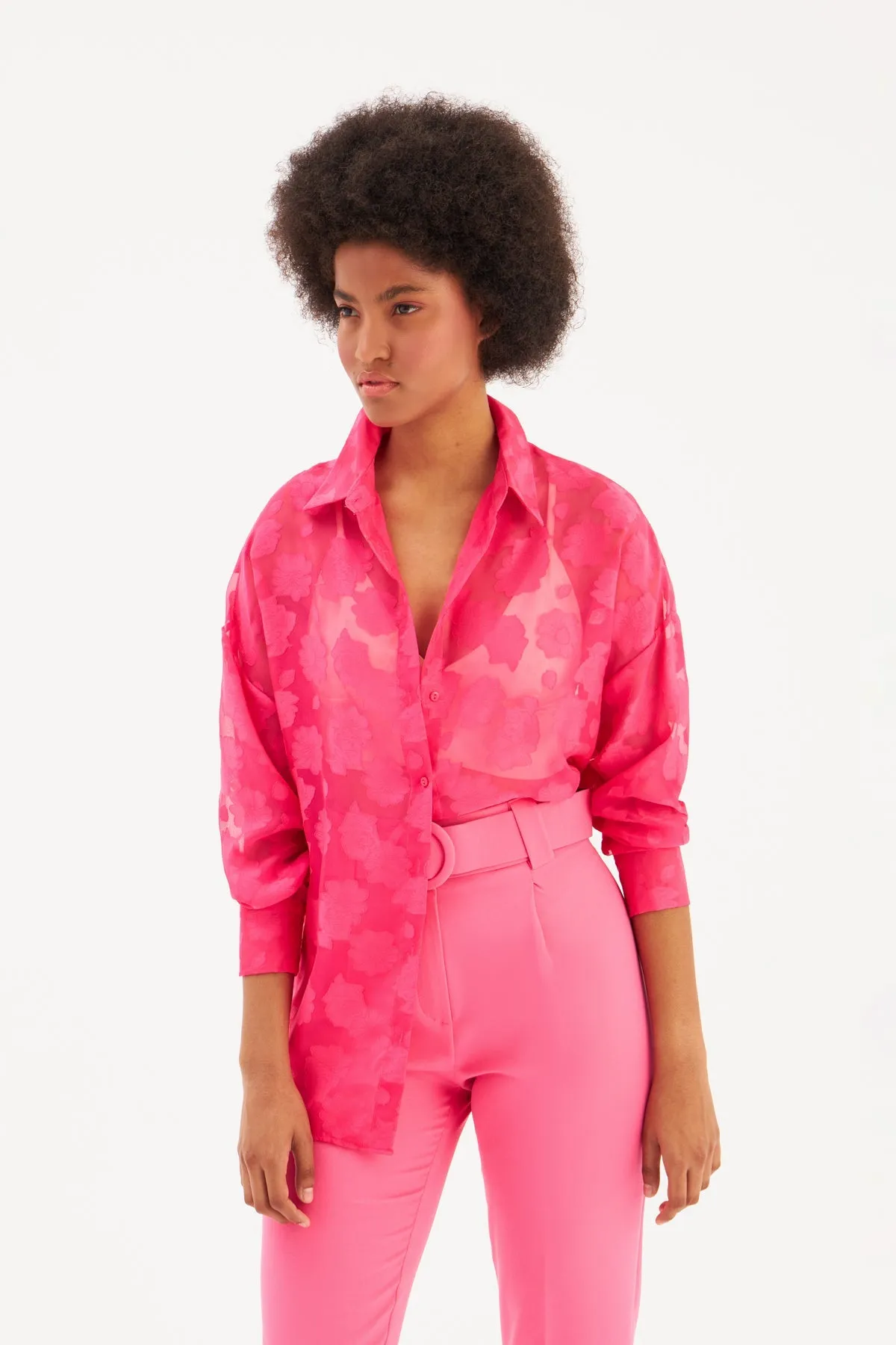 Floral Patterned Loose Shirt - FUCHSIA