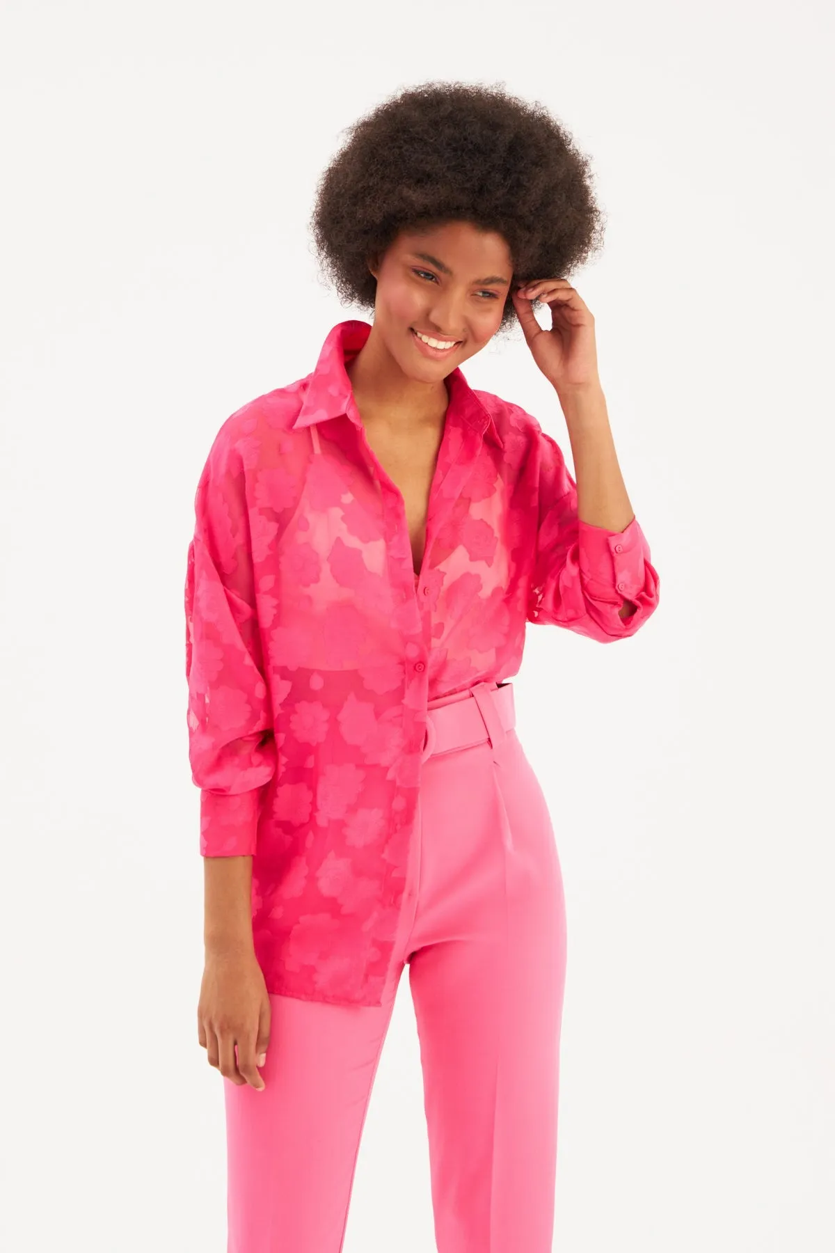 Floral Patterned Loose Shirt - FUCHSIA