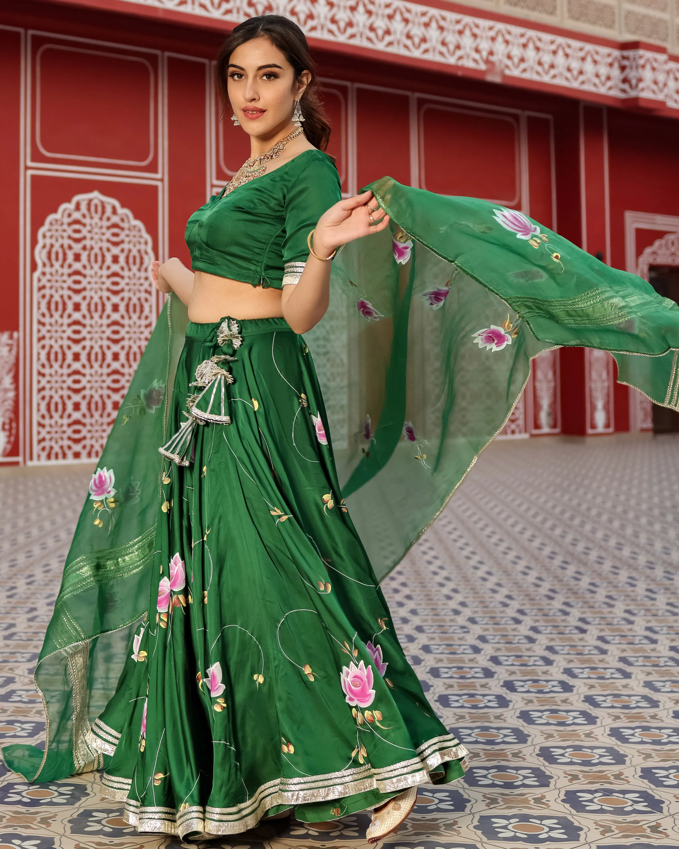 Formal Green Handpainted Lehenga Set