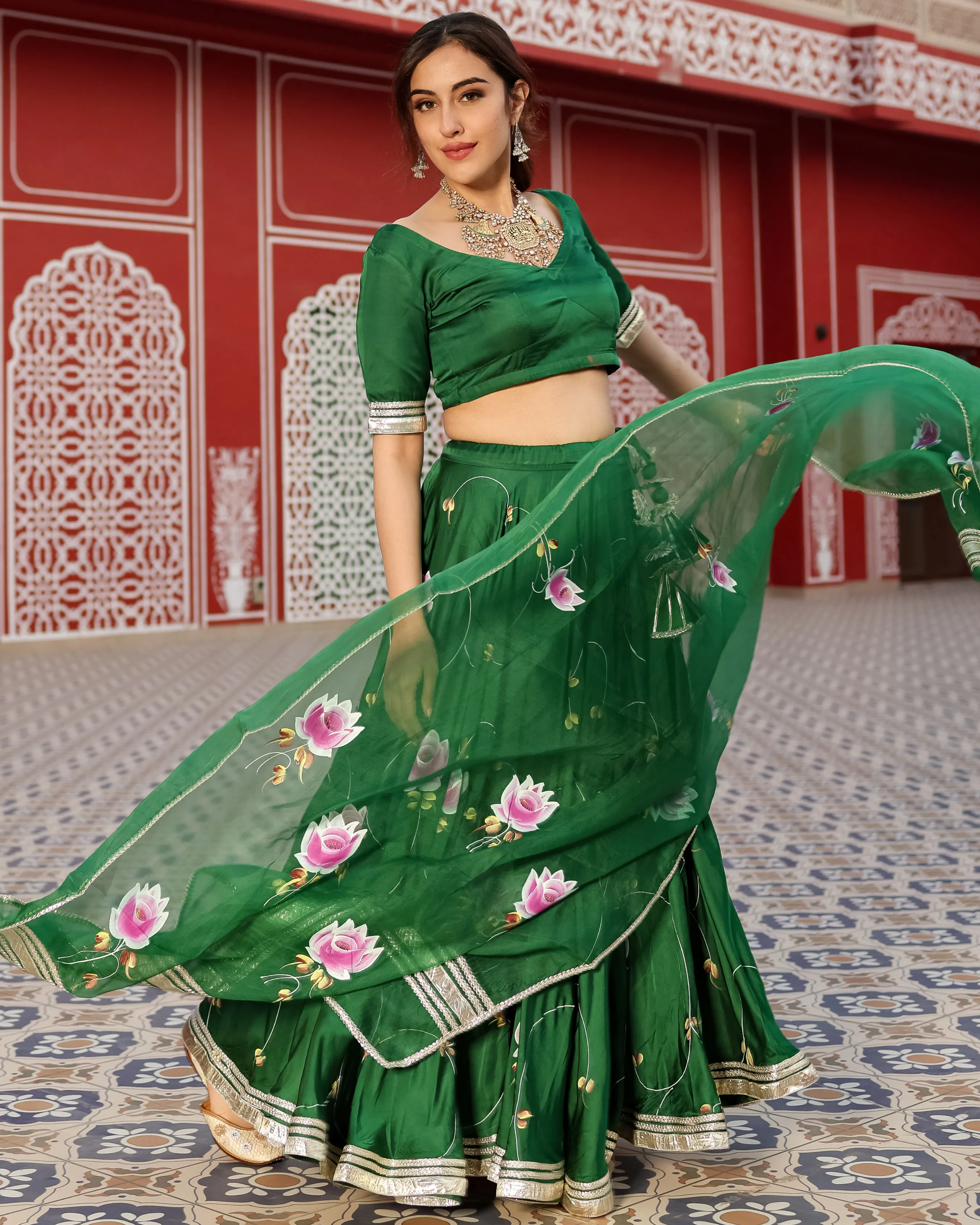 Formal Green Handpainted Lehenga Set