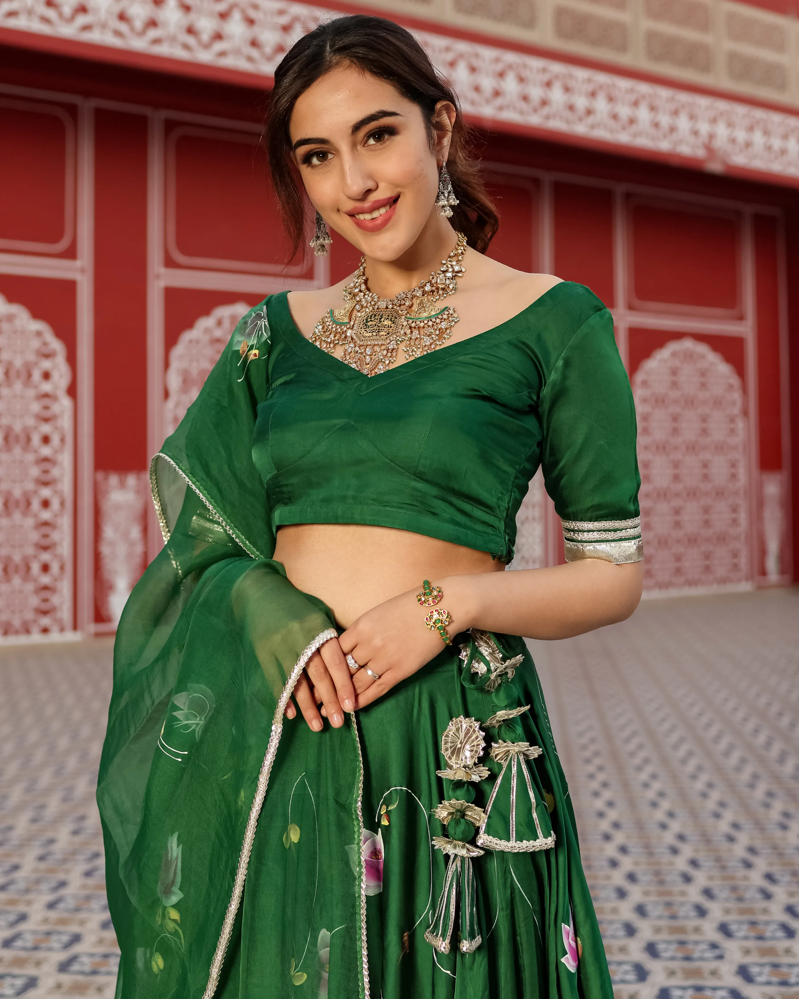 Formal Green Handpainted Lehenga Set