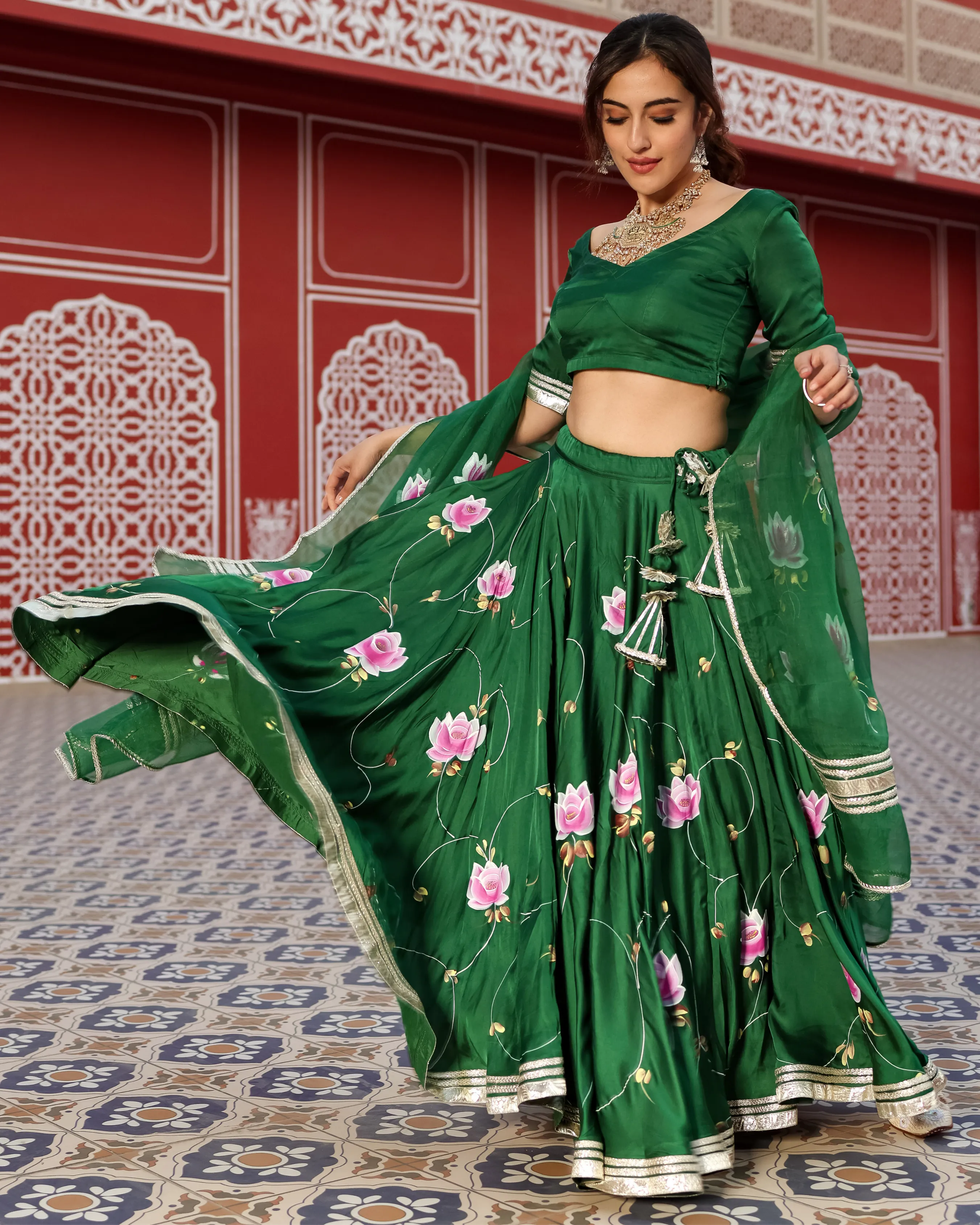 Formal Green Handpainted Lehenga Set