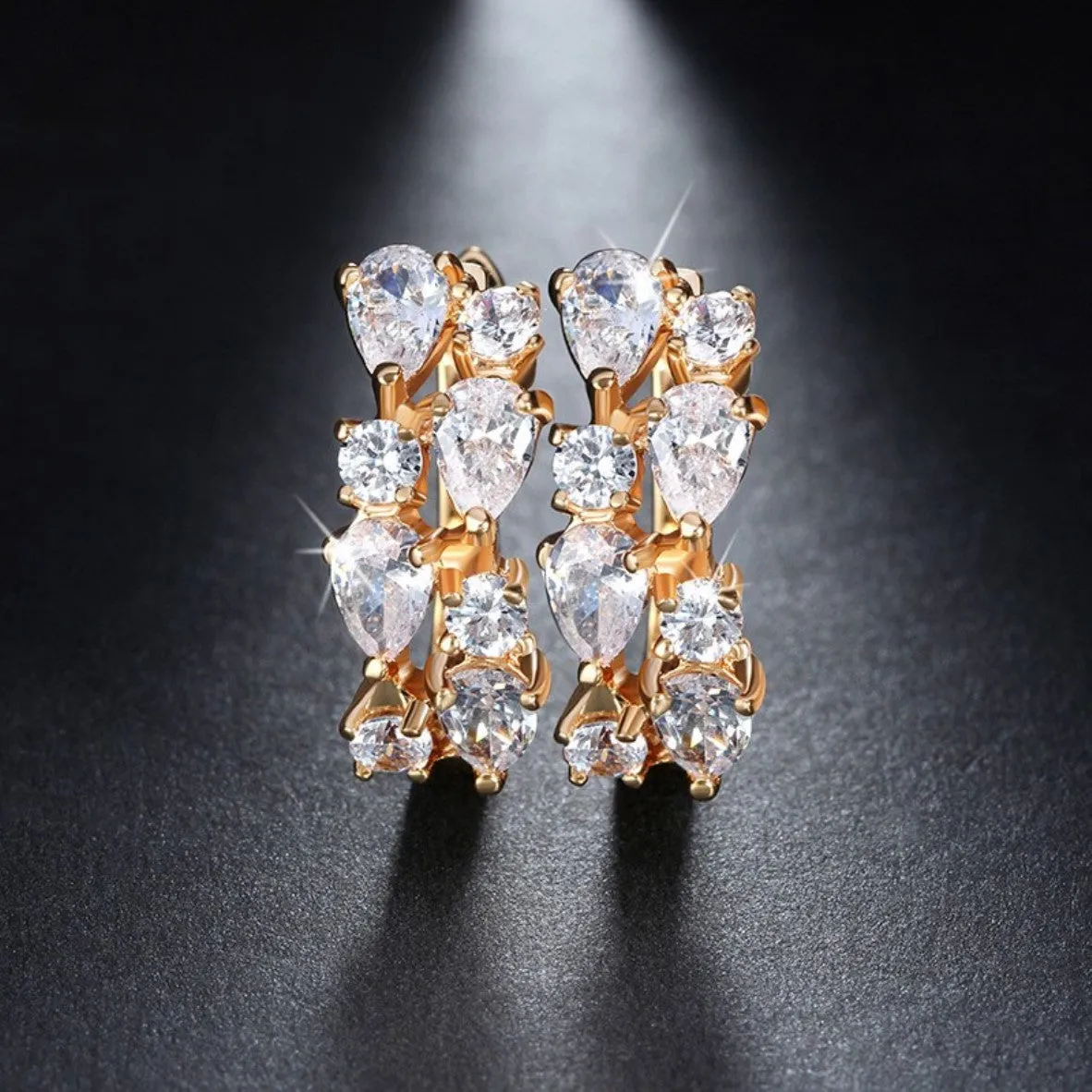 Golden Clear CZ Crystal Exquisite Party Hoop Stud Earrings