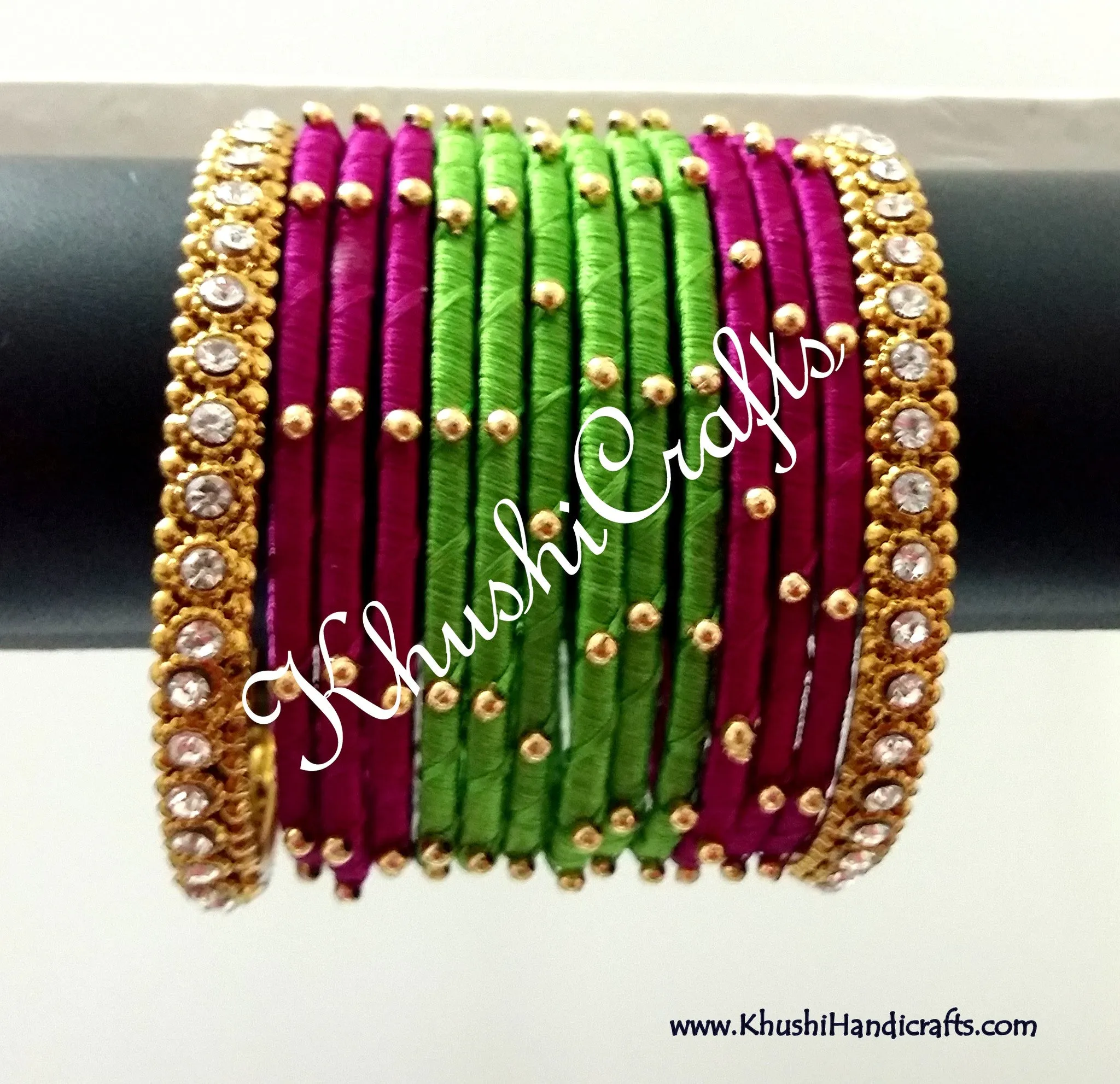 Hand-crafted exquisite Silk Bangles in Green and Magenta