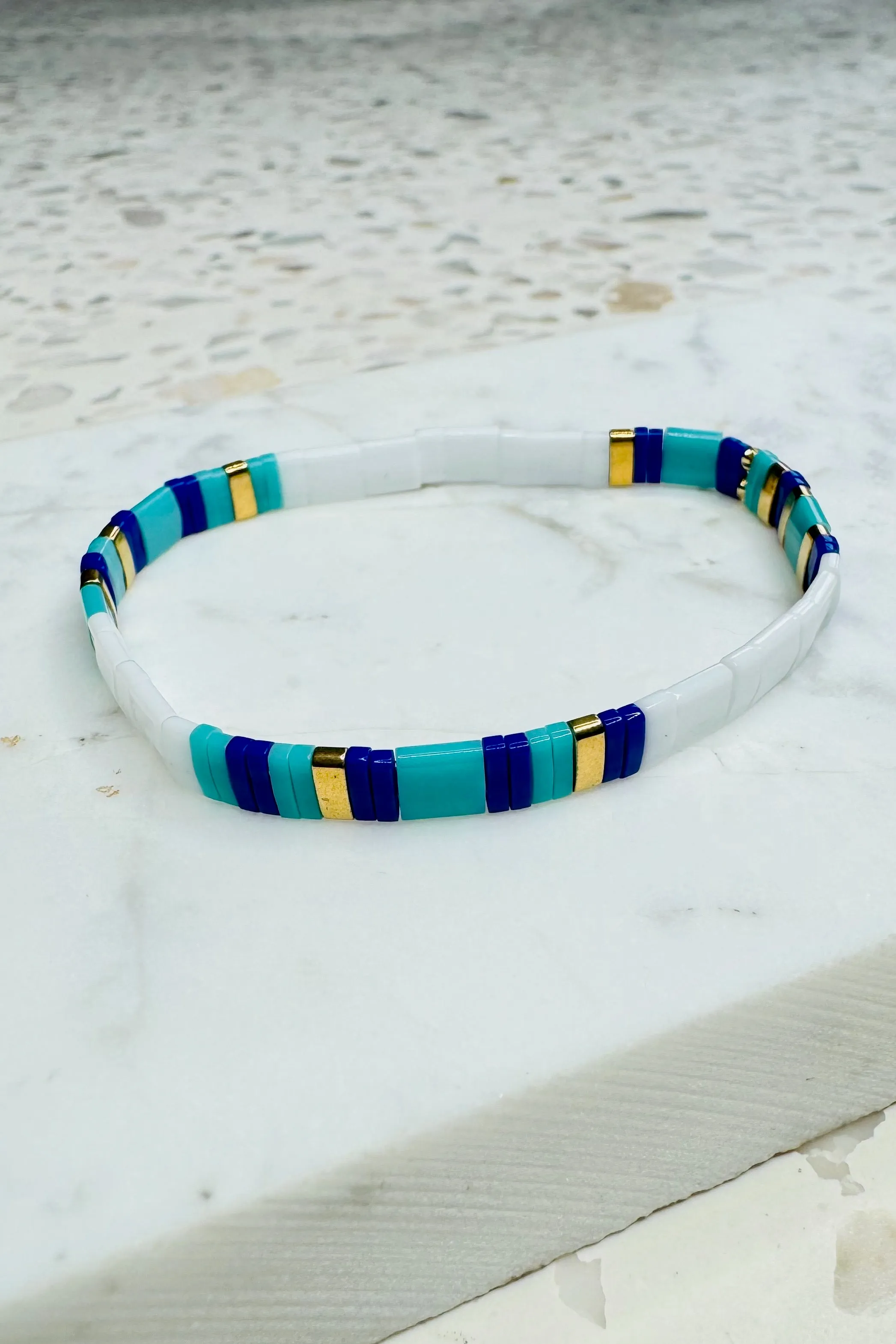 Handmade Glass Bead Bracelet - Turquoise/Gold/White