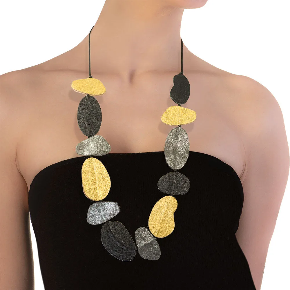 Handmade Leather Necklace Gold & Black Pebbles