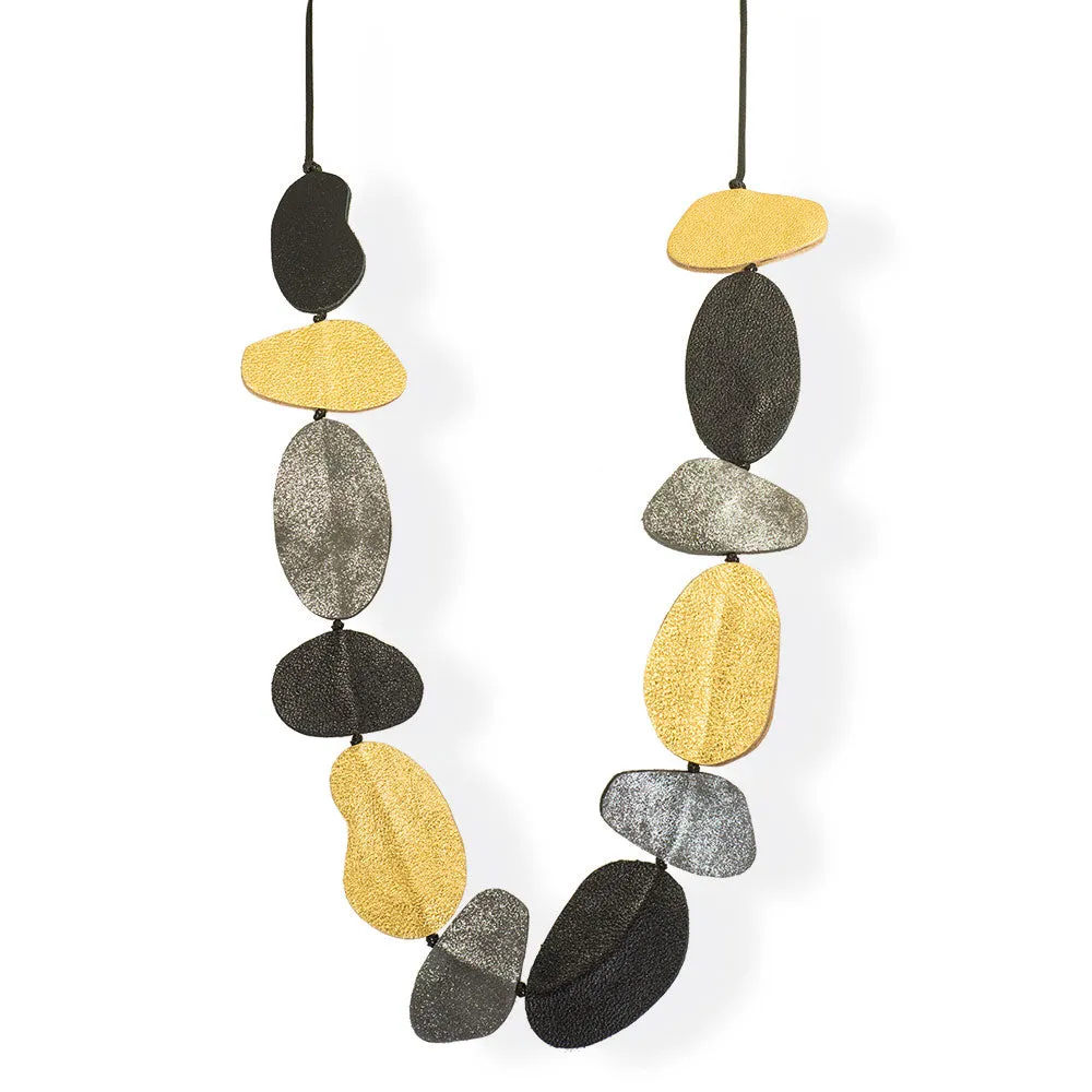 Handmade Leather Necklace Gold & Black Pebbles