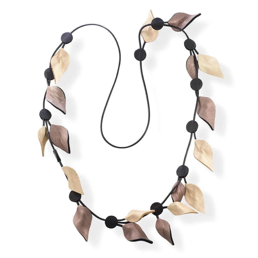 Handmade Long Leather Necklace Gold Black Leaves