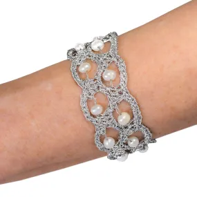 Handmade Silver Plated Crochet Bracelet with Pearls