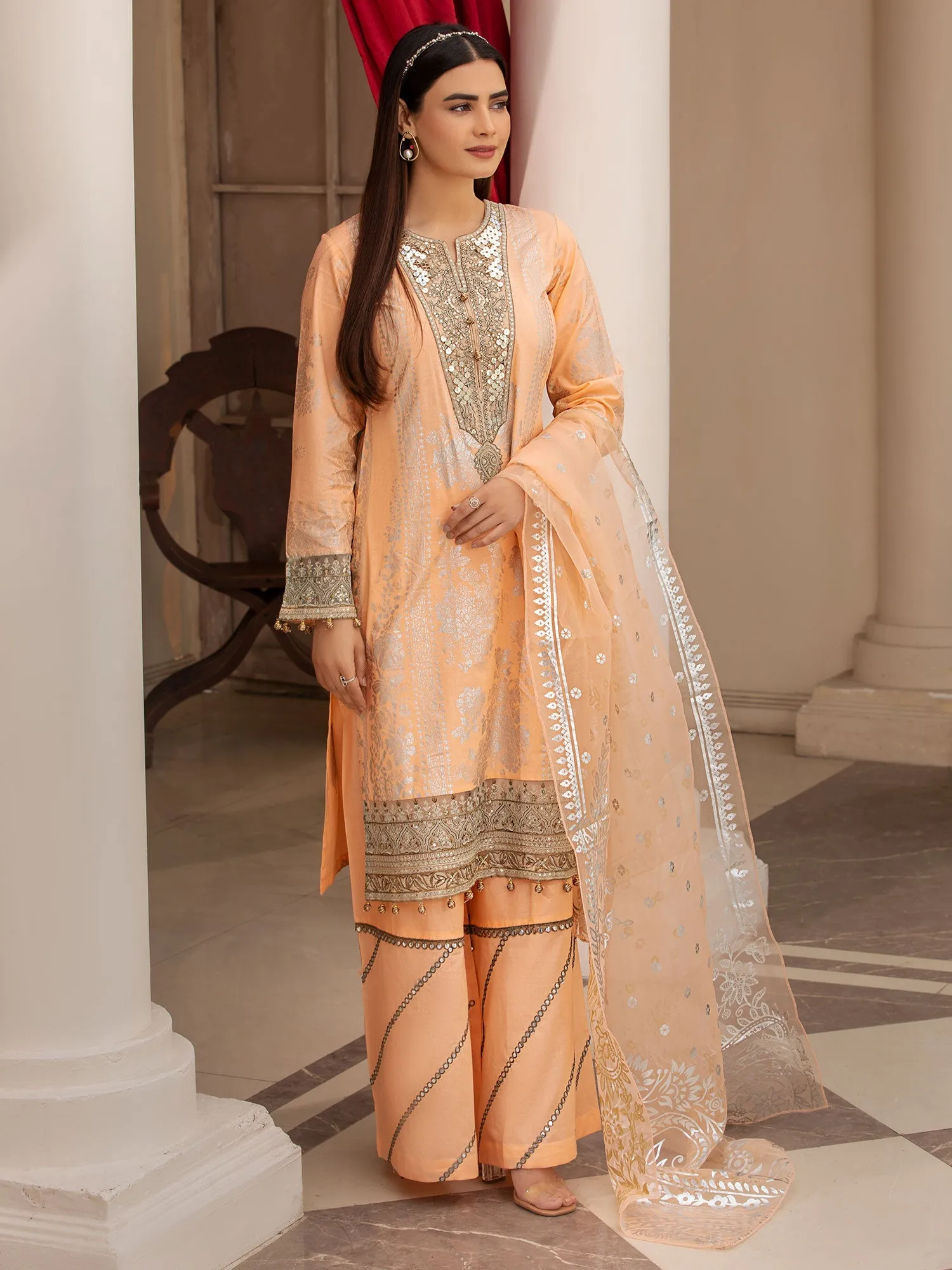 Heera's Peach Cambric 3-Piece Formal Suit