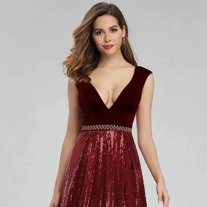 Isidora Burgundy Elegant Beading Sequin Gown