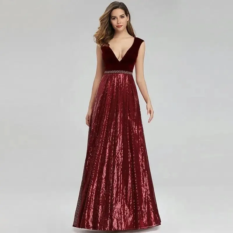 Isidora Burgundy Elegant Beading Sequin Gown