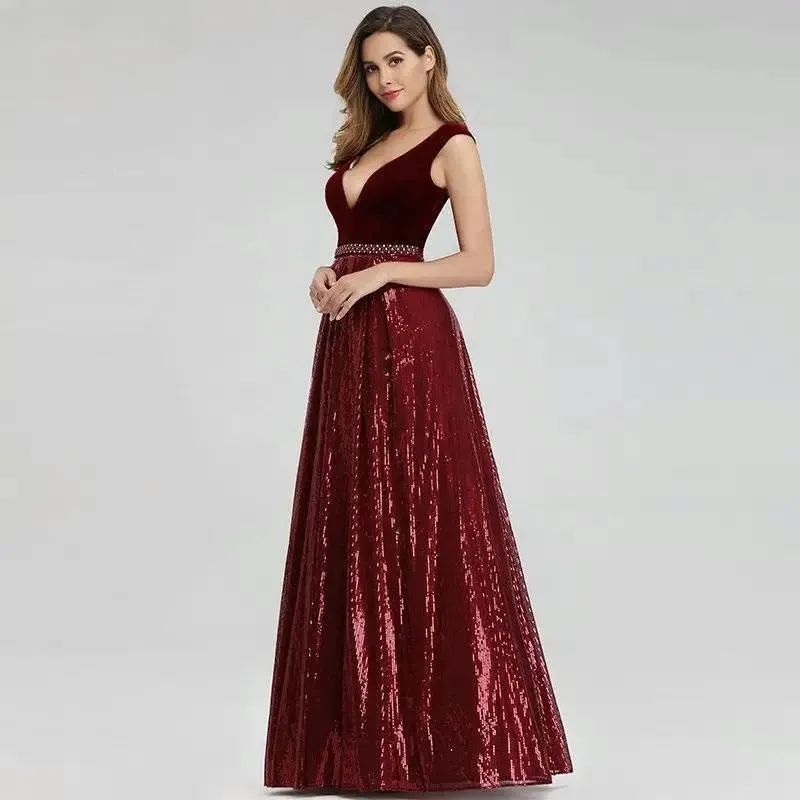 Isidora Burgundy Elegant Beading Sequin Gown