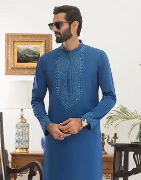 J. Mens Blue Lawn Semi-Formal 2-Piece Kurta   Trouser