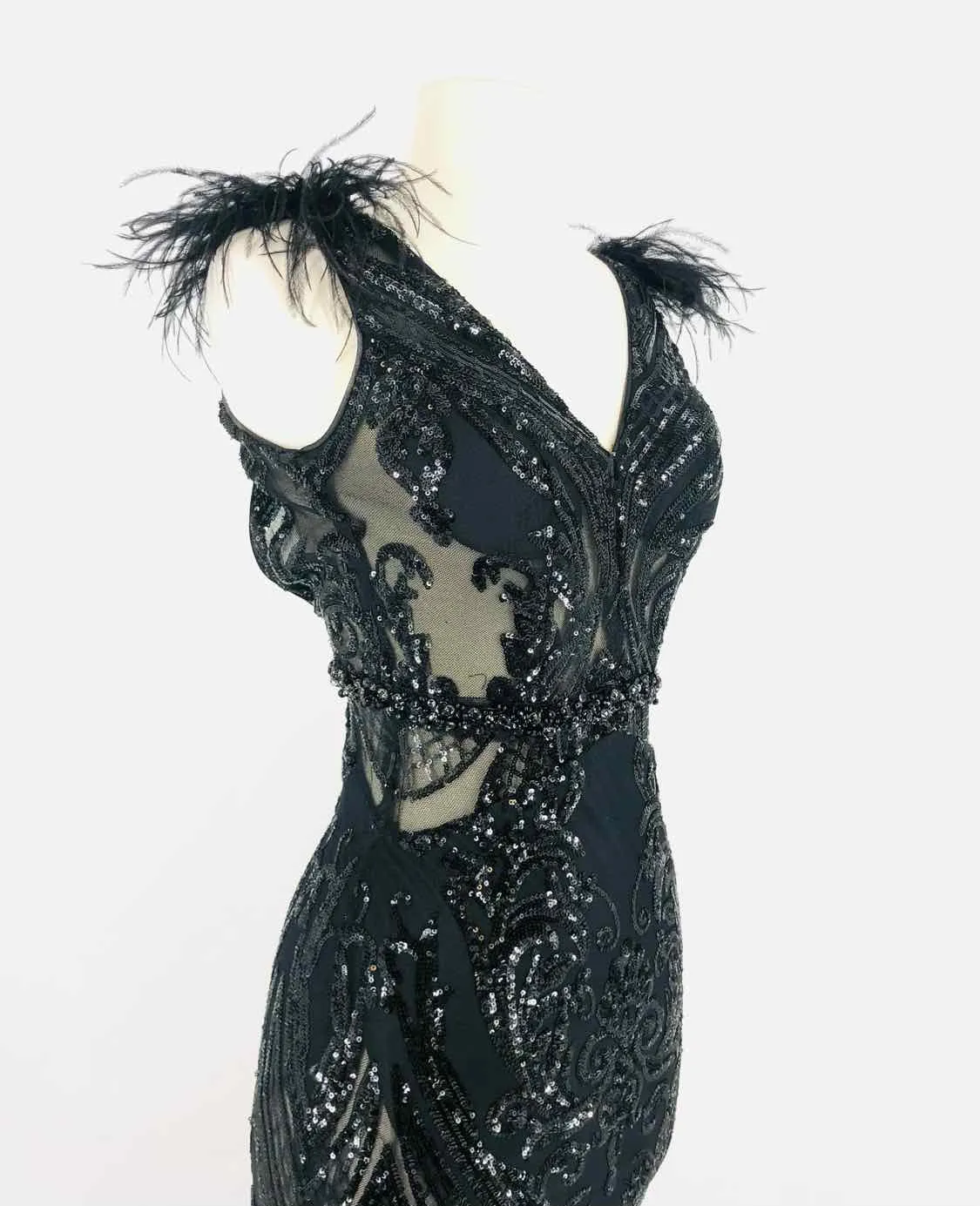 Jovani Size 0 Black Feathers Sequin Formal Wear Formal