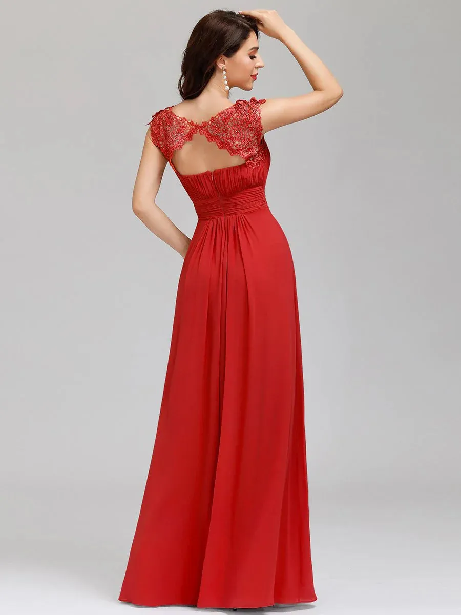 Lacey Neckline Open Back Ruched Bust Formal Dresses