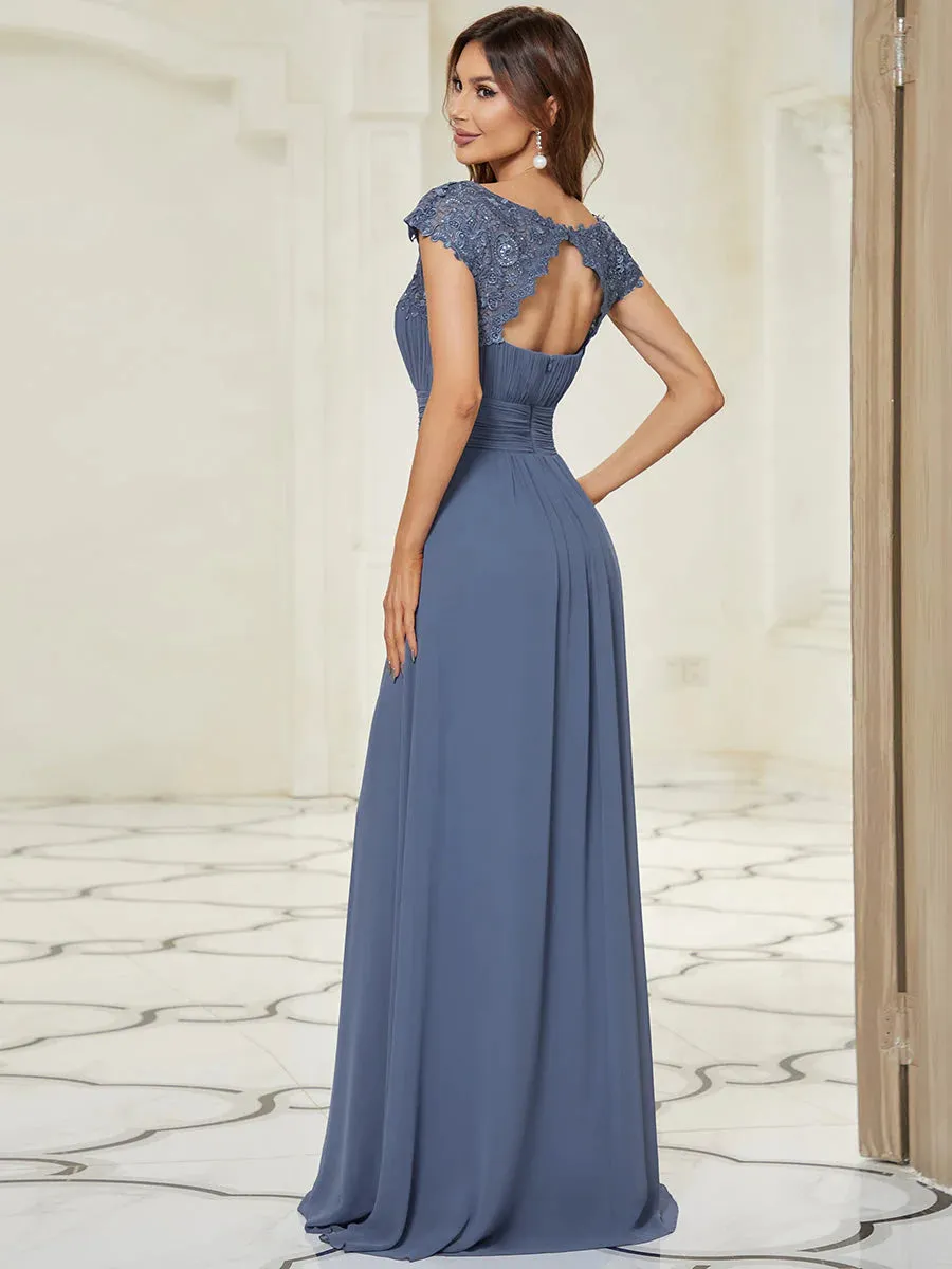 Lacey Neckline Open Back Ruched Bust Formal Dresses